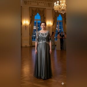 NWT Grace Karin Gray Satin & Silver Lace Overlay Evening Gown